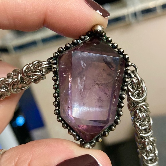 Handmade maille gemstone amethyst crystal chain necklace - Picture 5 of 16